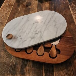Our Table Wood Marble Cheese Cutting Charcuterie Board Knife Set